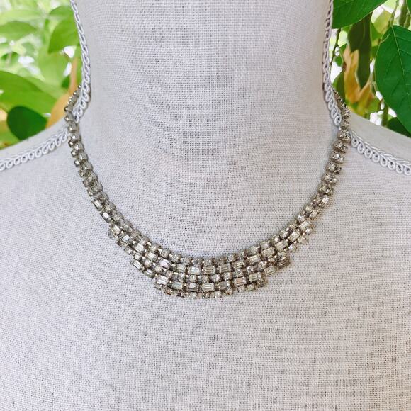 Vintage 1950s Clear Rhinestone Choker Necklace Mid Century Silver Tone Cocktail - Picture 2 of 12